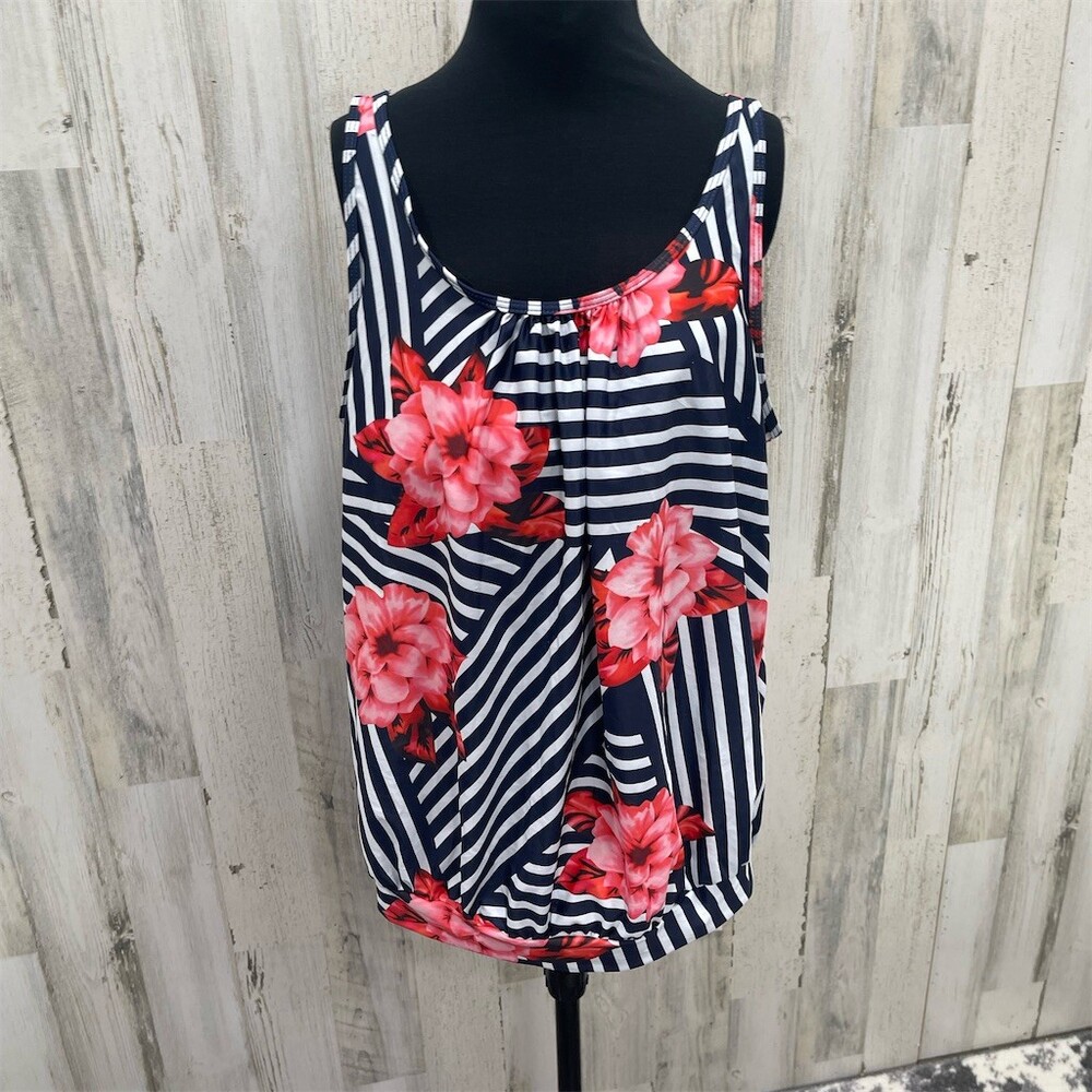 Tankini Swim Top Womens 2X Navy & White Stripe Floral Scoop Blouson Sku630